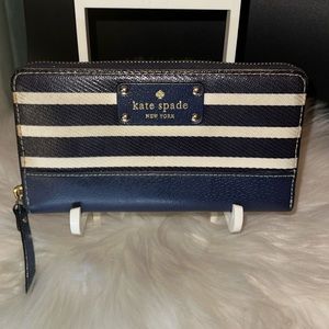 Kate Spade Leather Navy and Cream Striped Zip Around Wallet